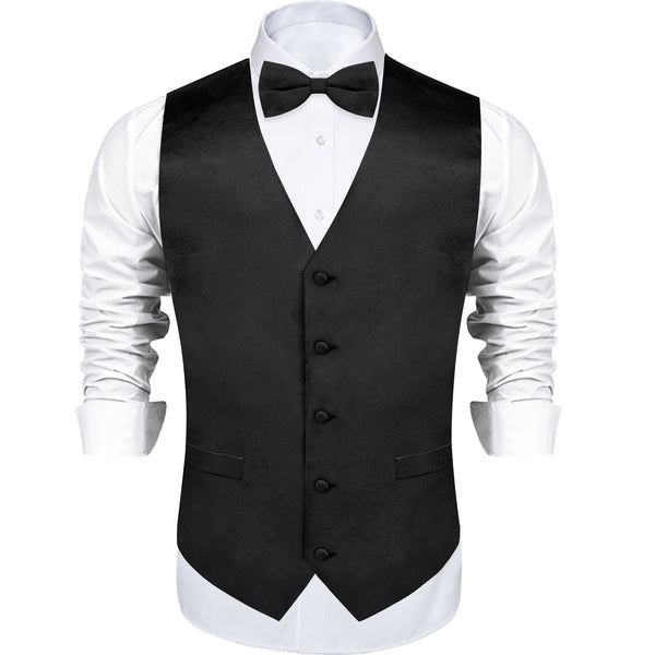 Black Solid Silk Men's Vest Single Vest