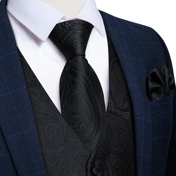 Ties2you Men's Vest Dark Black Jacquard Paisley Waistcoat Tie Vest Set