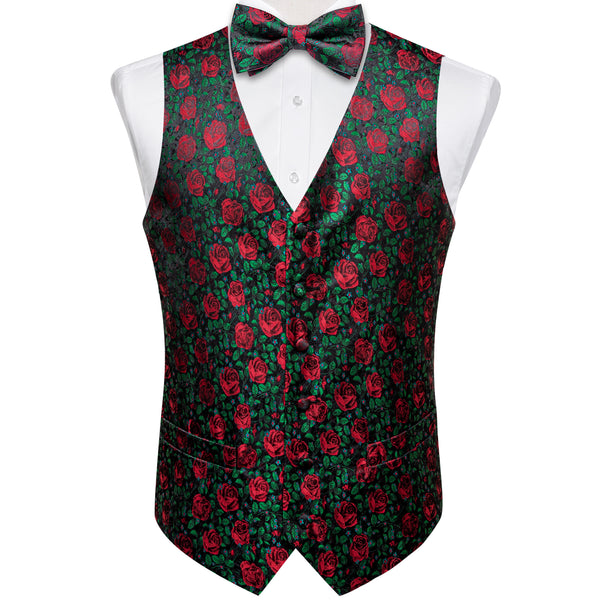ForestGreen Rose Red Floral Men's Vest Bow Tie Set