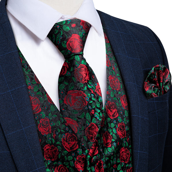 ForestGreen Rose Red Floral Men's Vest Tie Set