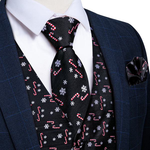 Christmas Black Red Candy Cane Novelty Satin Men's Vest Tie Set