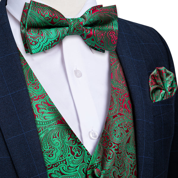 Hot Seling Green Red Paisley Men's Vest Bow Tie Set