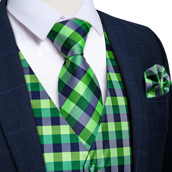 Blue Green Light Lime Green Plaid Vest for Men Men's Vest Tie Set