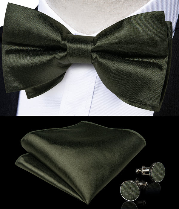 OliveDrab Bow Tie for Men Solid Pre-tied Bow Tie Hanky Cufflinks Set