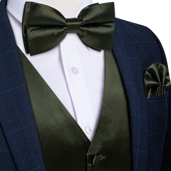 OliveDrab Green Solid Silk Men's Vest Hanky Cufflinks Bow Tie Set