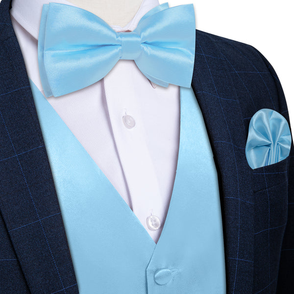 LightSkyBlue Solid Silk Men's Vest Hanky Cufflinks Bow Tie Set