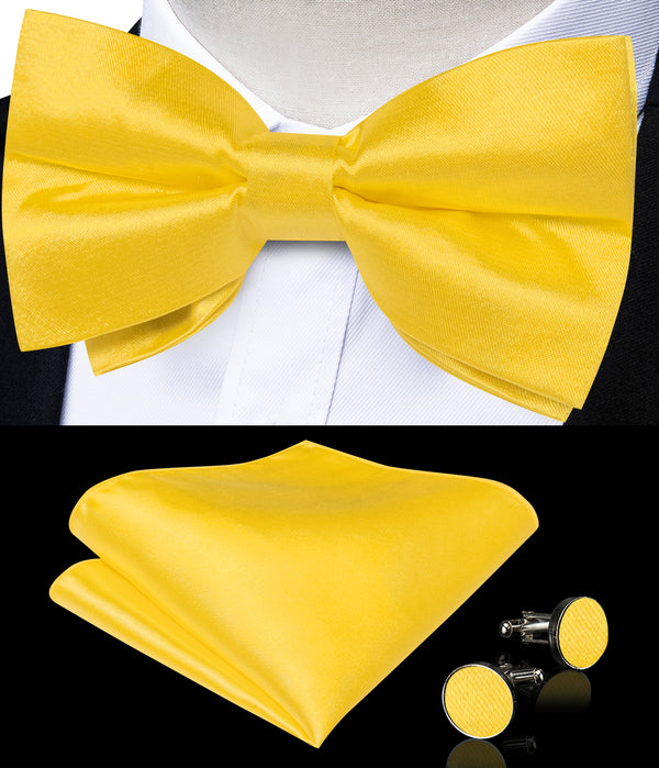 Gold Bow Tie for Men Solid Pre-tied Bow Tie Hanky Cufflinks Set