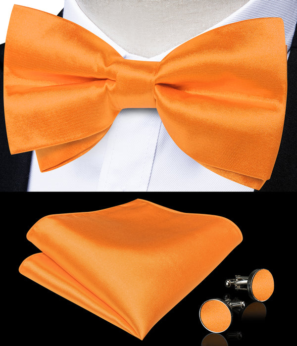 Carrot Orange Bow Tie for Men Solid Pre-tied Bow Tie Hanky Cufflinks Set