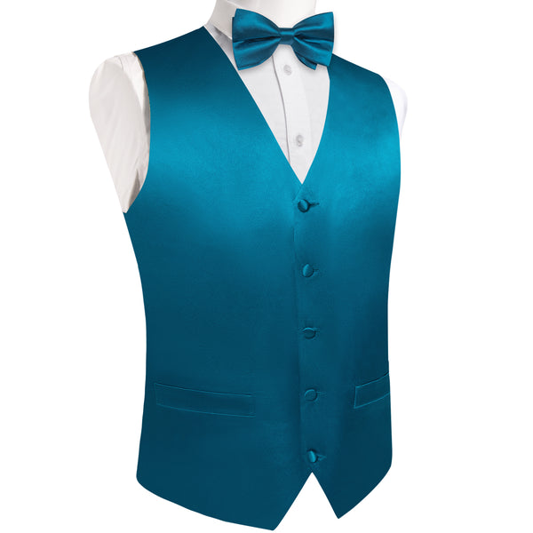 Ties2you Men's Suit Vest Deep Water Teal Solid Silk Vest Hanky Cufflinks Bow Tie Set