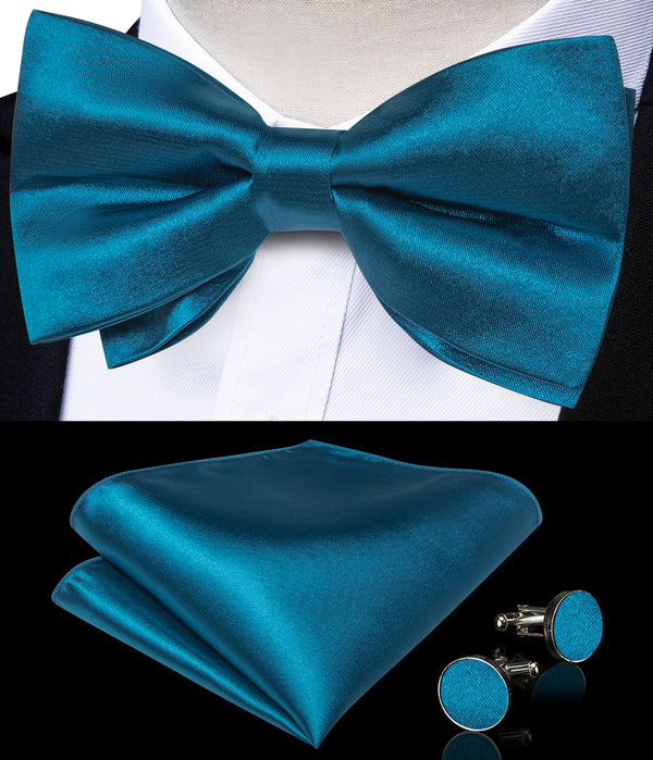 Ties2you Blue Tie Deep Solid Water Teal Bow Tie For Men Pre-Tied Bow Tie Hanky Cufflinks Set