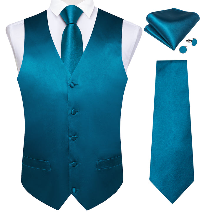 Cerulean Blue Solid Mens Dress Suit Vest and Blue Tie Pocket Square Cufflinks Set for Business