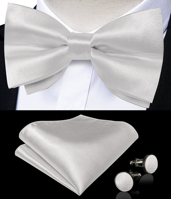 Cloud Grey Bow Tie for Men Solid Pre-tied Bow Tie Hanky Cufflinks Set