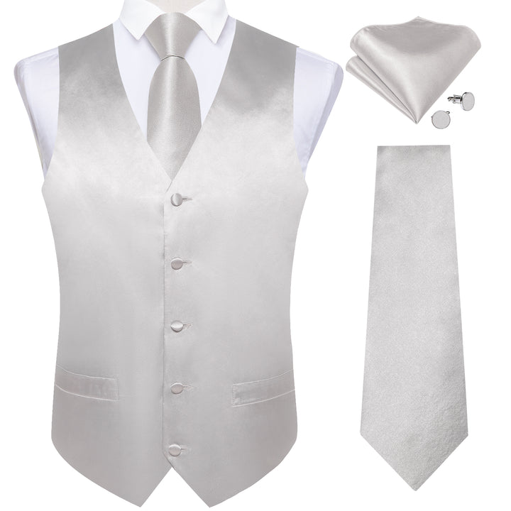 Mens Suit Grey Solid Vests for Men and Light Grey Tie Pocket Square Cufflinks Set