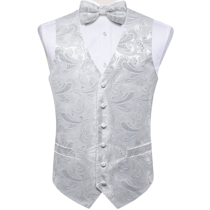 Suit Vest Light Grey Paisley Silk Men's Vest Hanky Cufflinks Bow Tie Set
