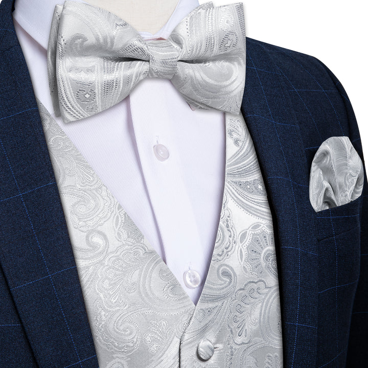 Ties2you Suit Vest Light Grey Paisley Silk Men's Vest Hanky Cufflinks Bow  Tie Set