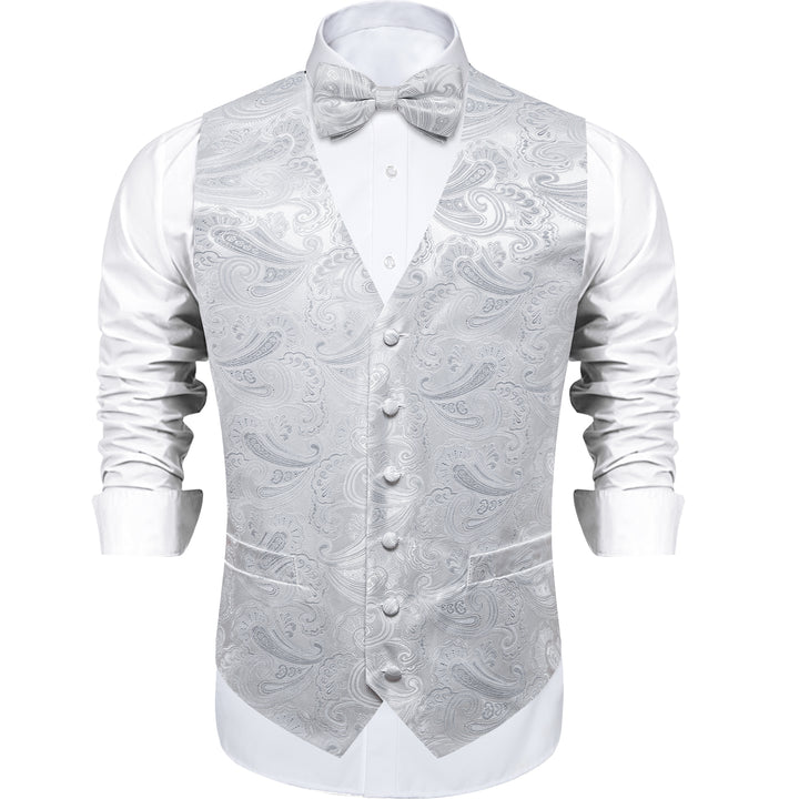Suit Vest Light Grey Paisley Silk Men's Vest Hanky Cufflinks Bow Tie Set