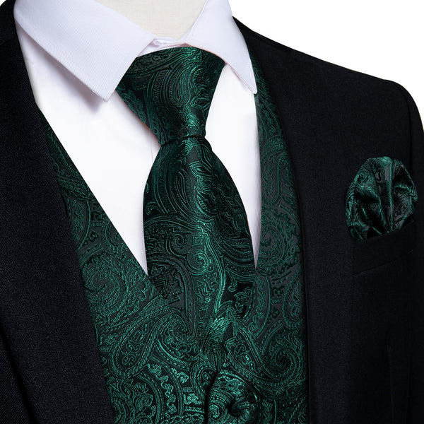 Dark Green Paisley Luxury Men's Formal Vest Tie Hanky Cufflinks Set For Suit Or Tuxedo