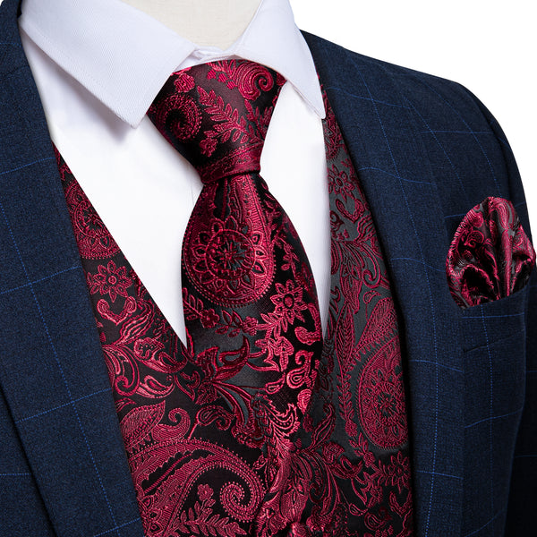 high quality silk paisley black Burgundy target red vest tie pocket square cufflinks set