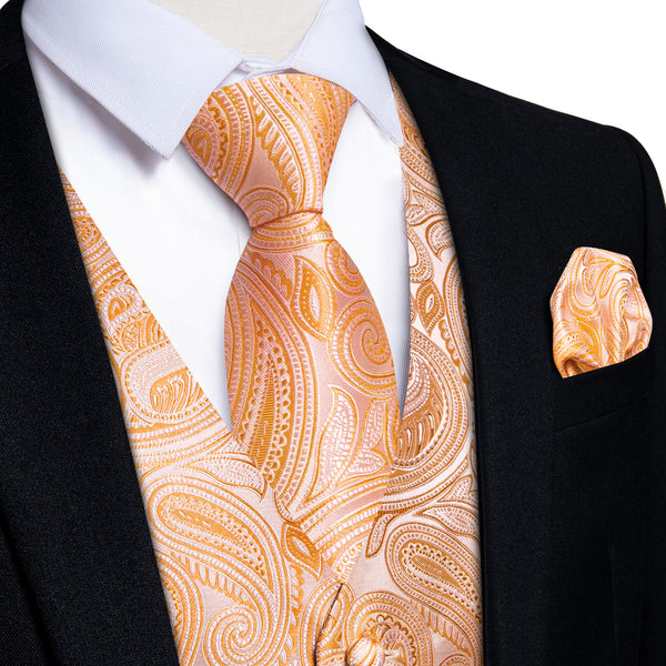 Shiny Orange Paisley Luxury Men's Formal Vest Necktie Hanky Cufflinks Set For Suit Or Tuxedo