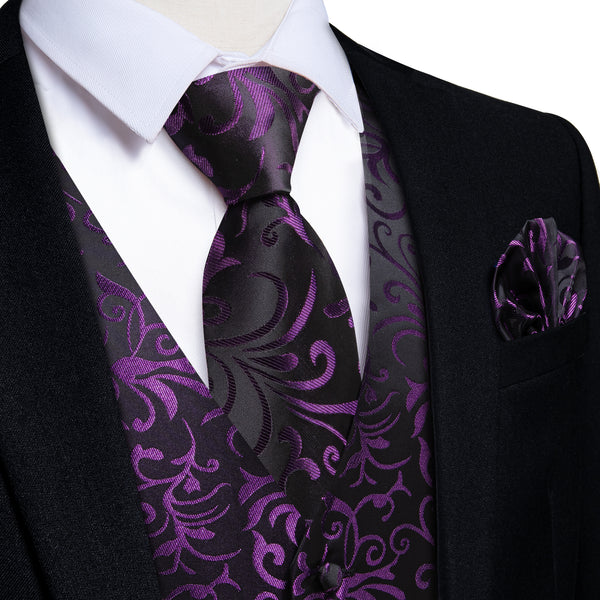 Purple Black Floral Jacquard Luxury Men's Vest Tie Hanky Cufflinks Set For Suit Or Tuxedo