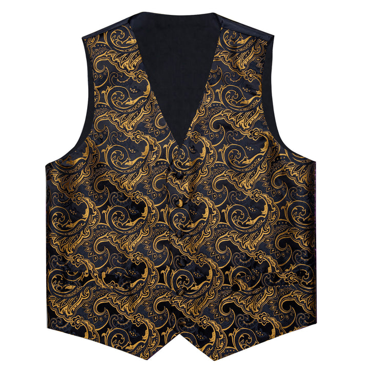 Black Gold Floral Silk Single Waistcoat Suit Vest
