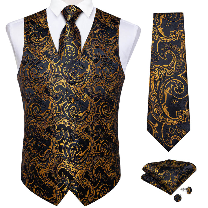 Black Gold Floral Silk Waistcoat Suit Vest Tie Set