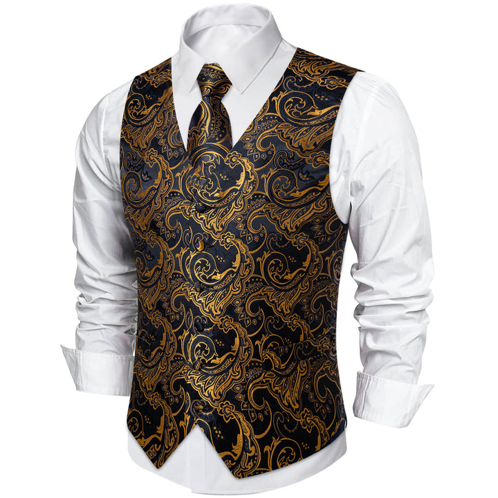Black Gold Floral Silk Waistcoat Suit Vest Tie Set