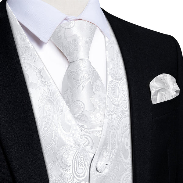 Ties2you White Paisley V-Neck Silk Men's Vest Hanky Cufflinks Tie Set