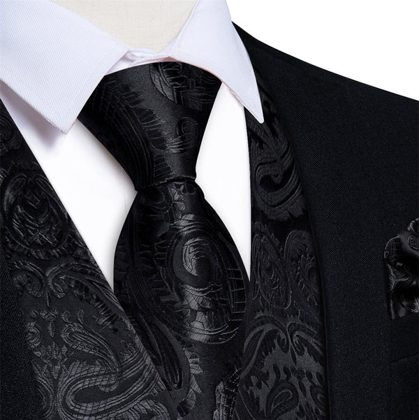 Ties2you Black Paisley V-Neck Silk Men's Vest Tie Set