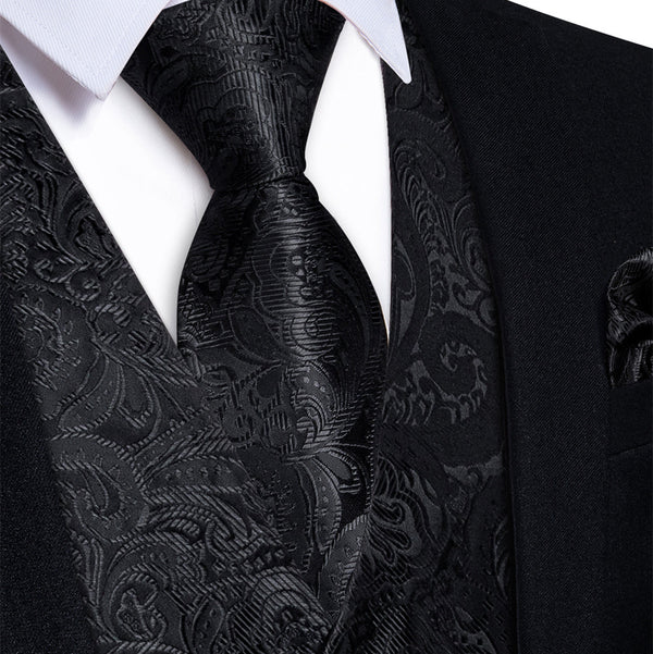 Ties2you Mens Waistcoat Black Paisley V-Neck Silk Men's Vest Tie Set