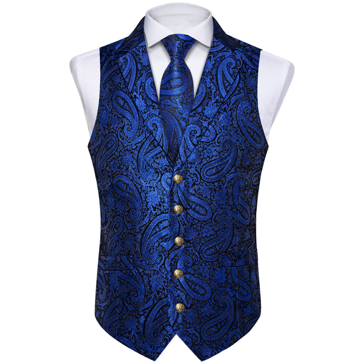 Navy Blue Jacquard Paisley Silk Suit Vest Tie Set