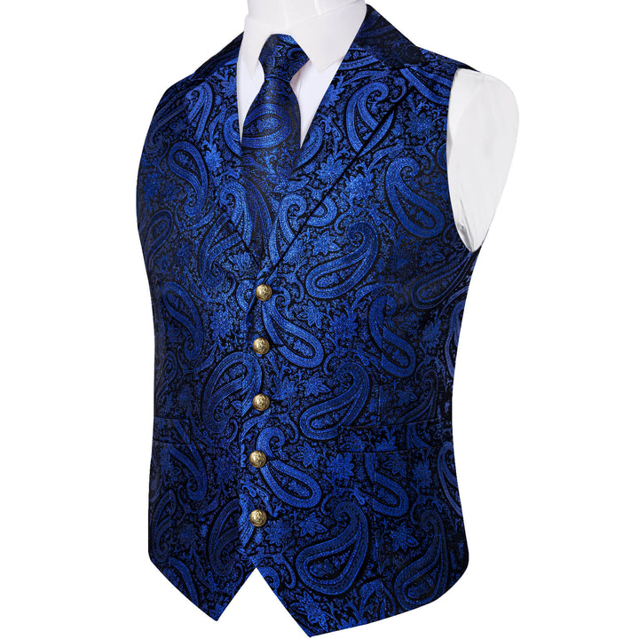 Navy Blue Jacquard Paisley Silk Suit Vest Tie Set