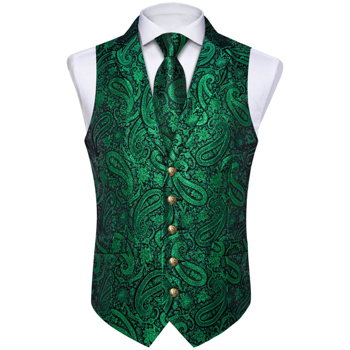 Deep Green Jacquard Paisley Silk Suit Vest Tie Set