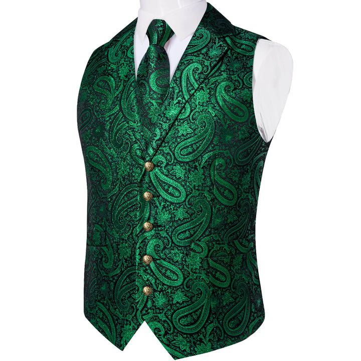 Deep Green Jacquard Paisley Silk Suit Vest Tie Set