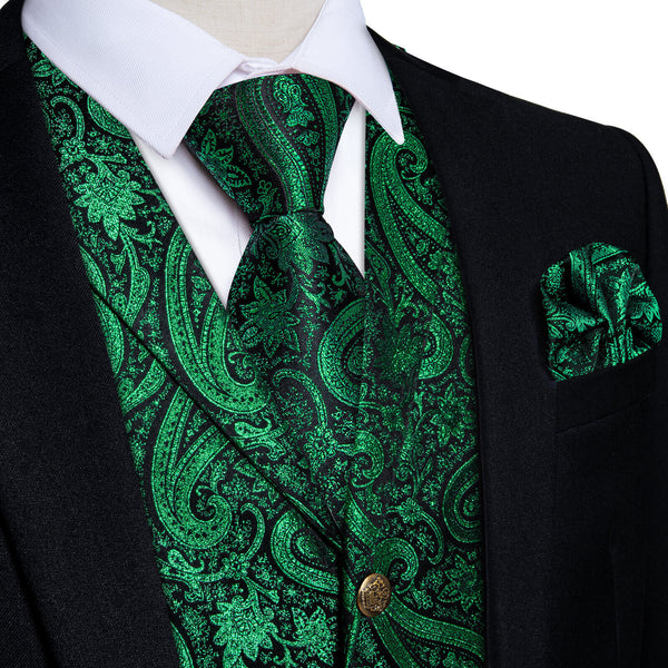 Deep Green Jacquard Paisley Silk Suit Vest Tie Set