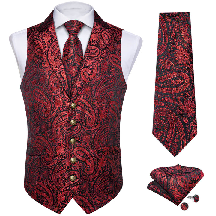  Deep Red Jacquard Paisley Silk Suit Vest Tie Set