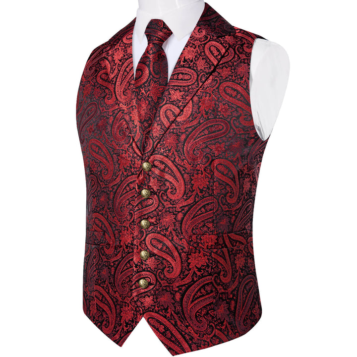  Deep Red Jacquard Paisley Silk Suit Vest Tie Set