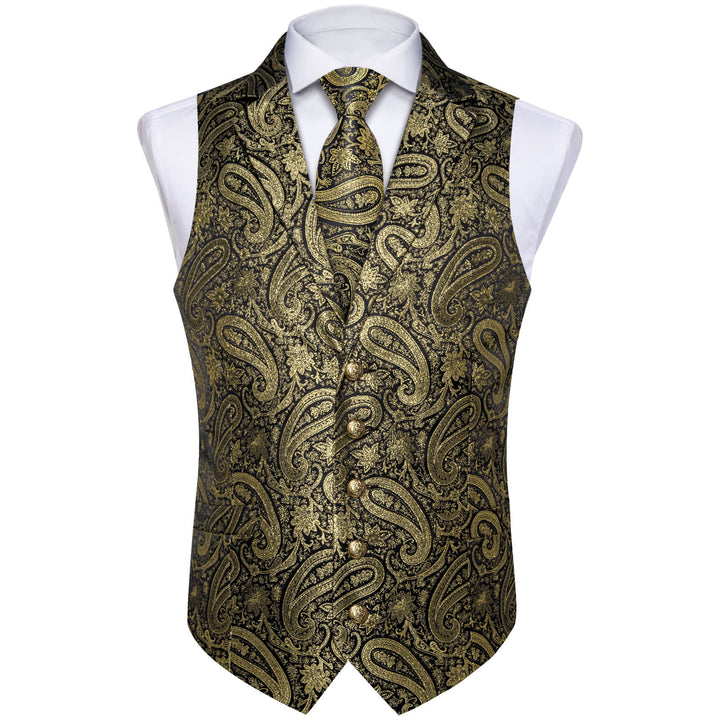 Gold Jacquard Paisley Silk Suit Vest Tie Set