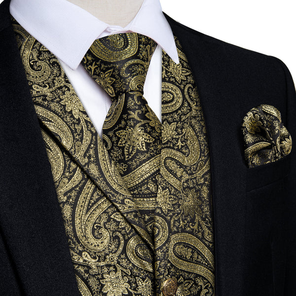 Gold Jacquard Paisley Silk Suit Vest Tie Set