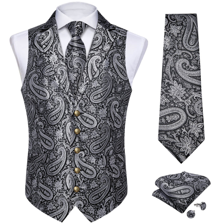Silver Grey Woven Paisley Silk Suit Vest Tie Set