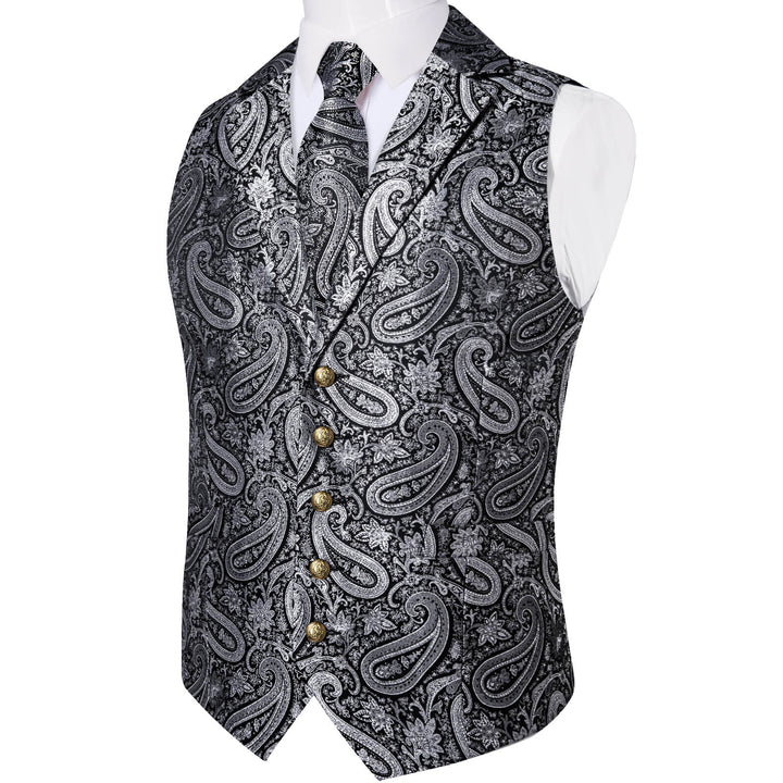 Silver Grey Woven Paisley Silk Suit Vest Tie Set