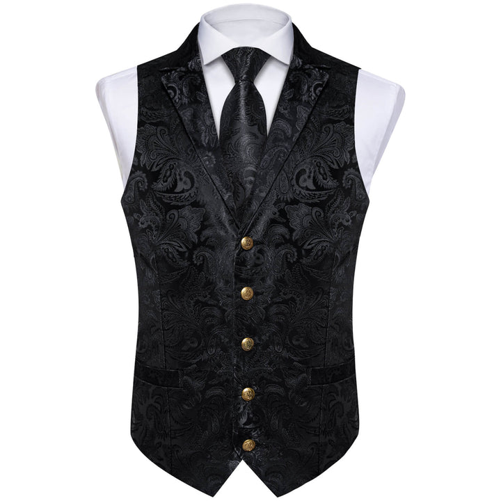  Ink Black Floral Silk Waistcoat Suit Vest Tie Set