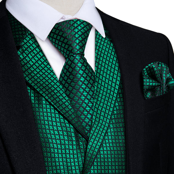 Black Green Plaid Classic Men's Collar Vest Tie Hanky Cufflinks Set Waistcoat Suit Set