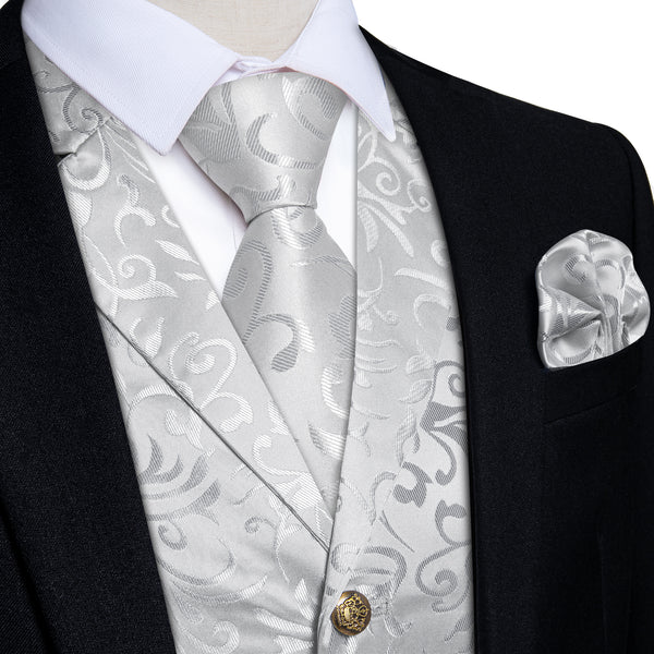 Classic Silver Floral Men's Collar Vest Tie Hanky Cufflinks Set Waistcoat Suit Set