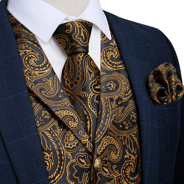 Black Goldenrod Yellow Paisley Men's Collar Vest Tie Hanky Cufflinks Set Waistcoat Suit Set