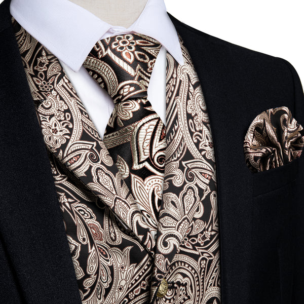 Black Gold Pink Floral Jacquard Luxury Men's Vest Tie Hanky Cufflinks Set