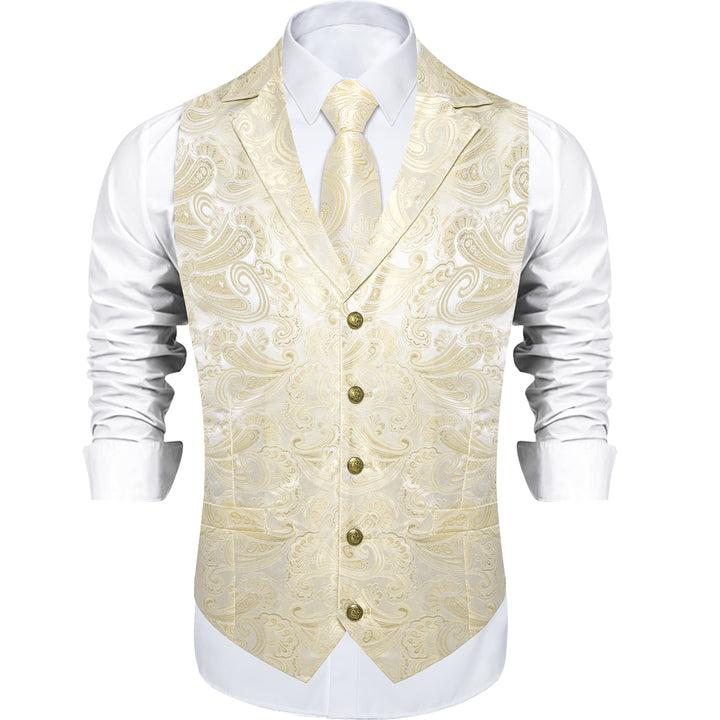 Suit Vest Linen White Paisley Men's Notched Collar Vest Tie Hanky Cufflinks Set