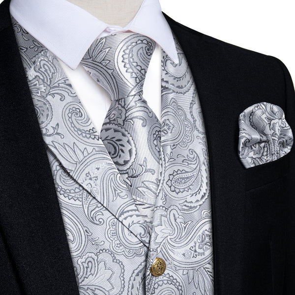 Sliver Grey Paisley Men's Collar Vest Tie Hanky Cufflinks Set Waistcoat Suit Set