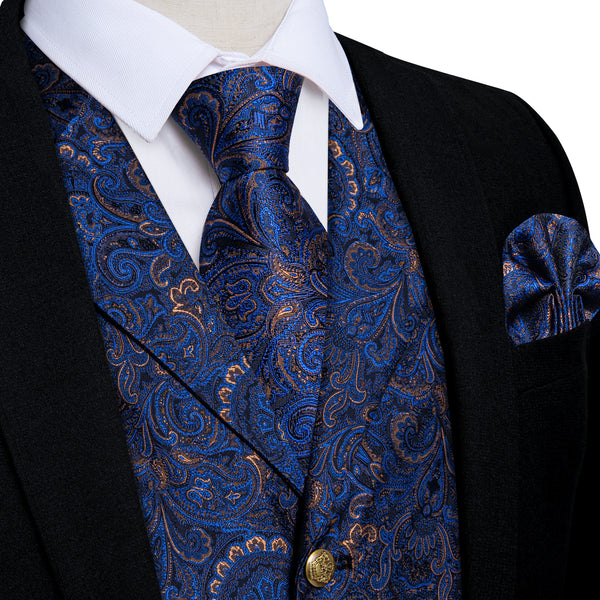 Blue Yellow Floral Jacquard Luxury Men's Vest Tie Hanky Cufflinks Set