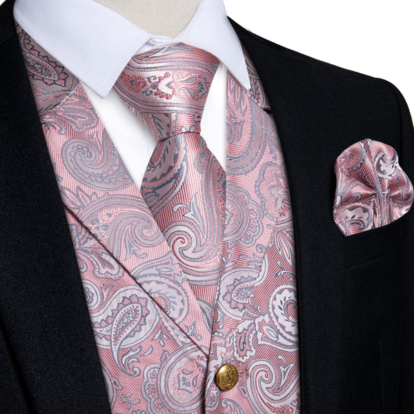 Pink Paisley Men's Collar Vest Tie Hanky Cufflinks Set Waistcoat Suit Set